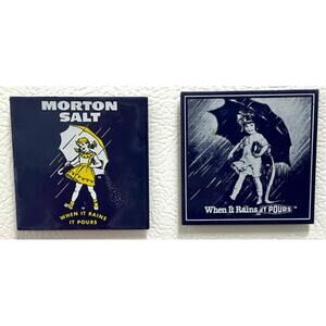Vintage Set of 2 Morton Salt Refrigerator Magnets 2.5" X 2.5 Girl Rain Umbrella